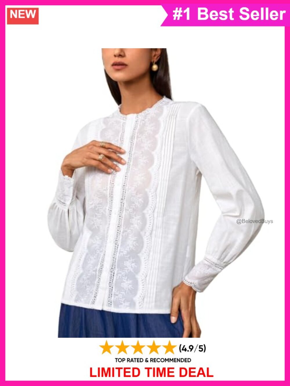 Lace Embroidered Button-Down Blouse Accordion Pleat Long Sleeve Work Top
